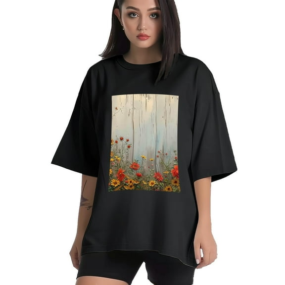 Plus Size Shirt for Women Black Tops for Women Short Sleeves Shirt for Women Flower Wood (2) T Shirt Crewneck Shirt for Women XS
