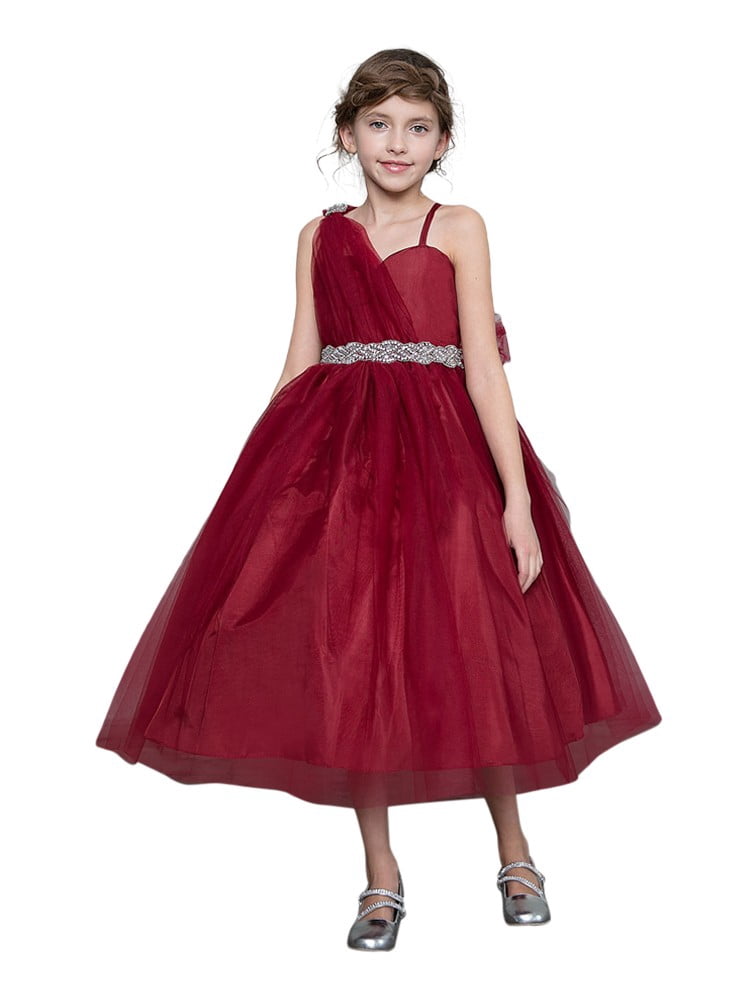 Girls Burgundy Tulle One Shoulder 