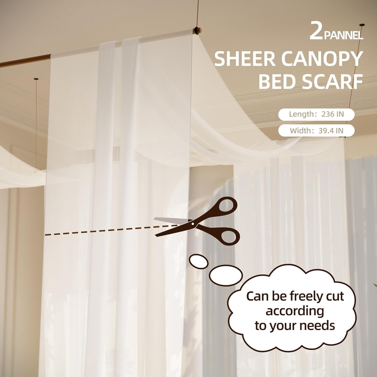White Canopy Bed Curtains Princess Bed Canopy Scarf for Queen/King Metal Wood Bed Frame, Bed Canopy for Girls Boys, 2 Panel Sheer Chiffon Curtain 39.4" W x 236" L