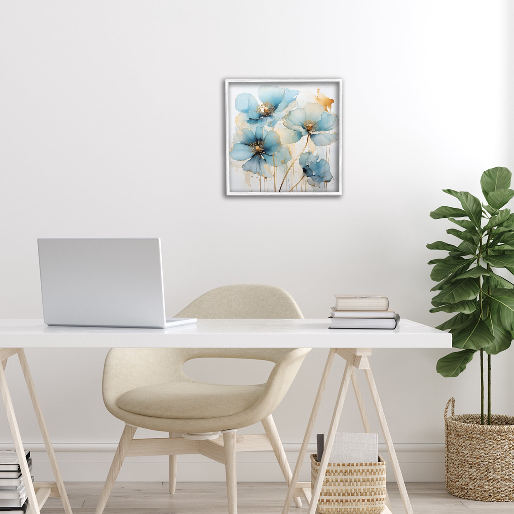 Stupell Industries Sapphire and Gold Florals White Framed Giclee Art, design by Creative Studio
