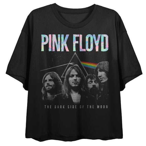 Pink Floyd Distressed Group Shot Prism on Black Short Sleeve Adult Crop T-Shirt-XL