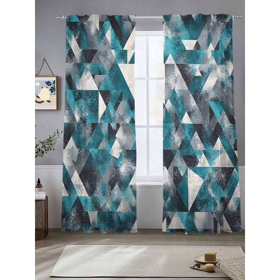 Teal Grey White Abstract Art Sheer Curtains for Living Room Bedroom Modern Art Geometric Sheer Curtains 108 Inch Long 2 Panels Set Light Filtering Curtain Window Treatments Drapes for Dining Room