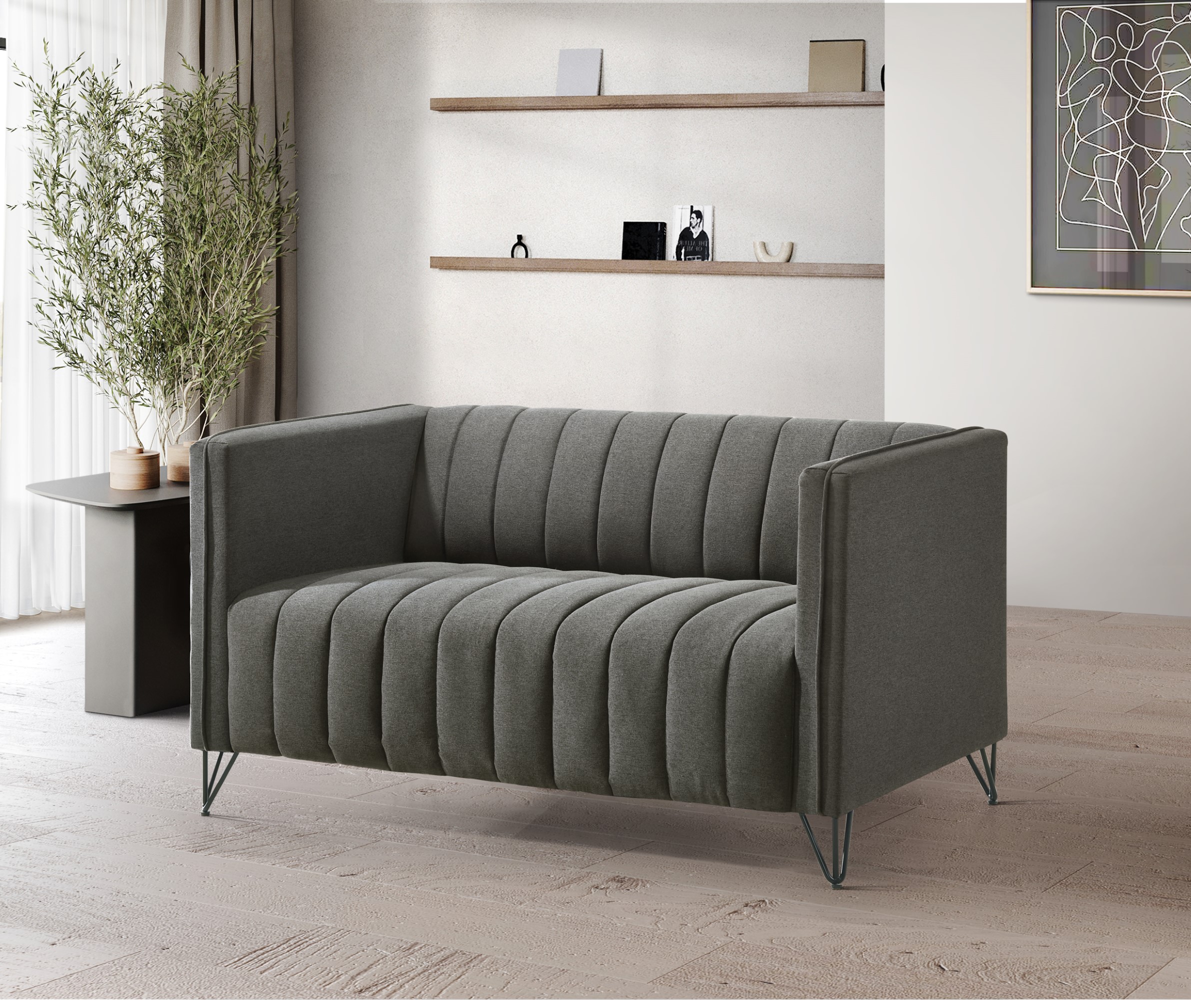 Home Design Kurtis Square Arm Loveseat with Tufted Velvet Upholstery and Gold Metal Legs, Flared Arms, Modern Living Room Seating, Gray