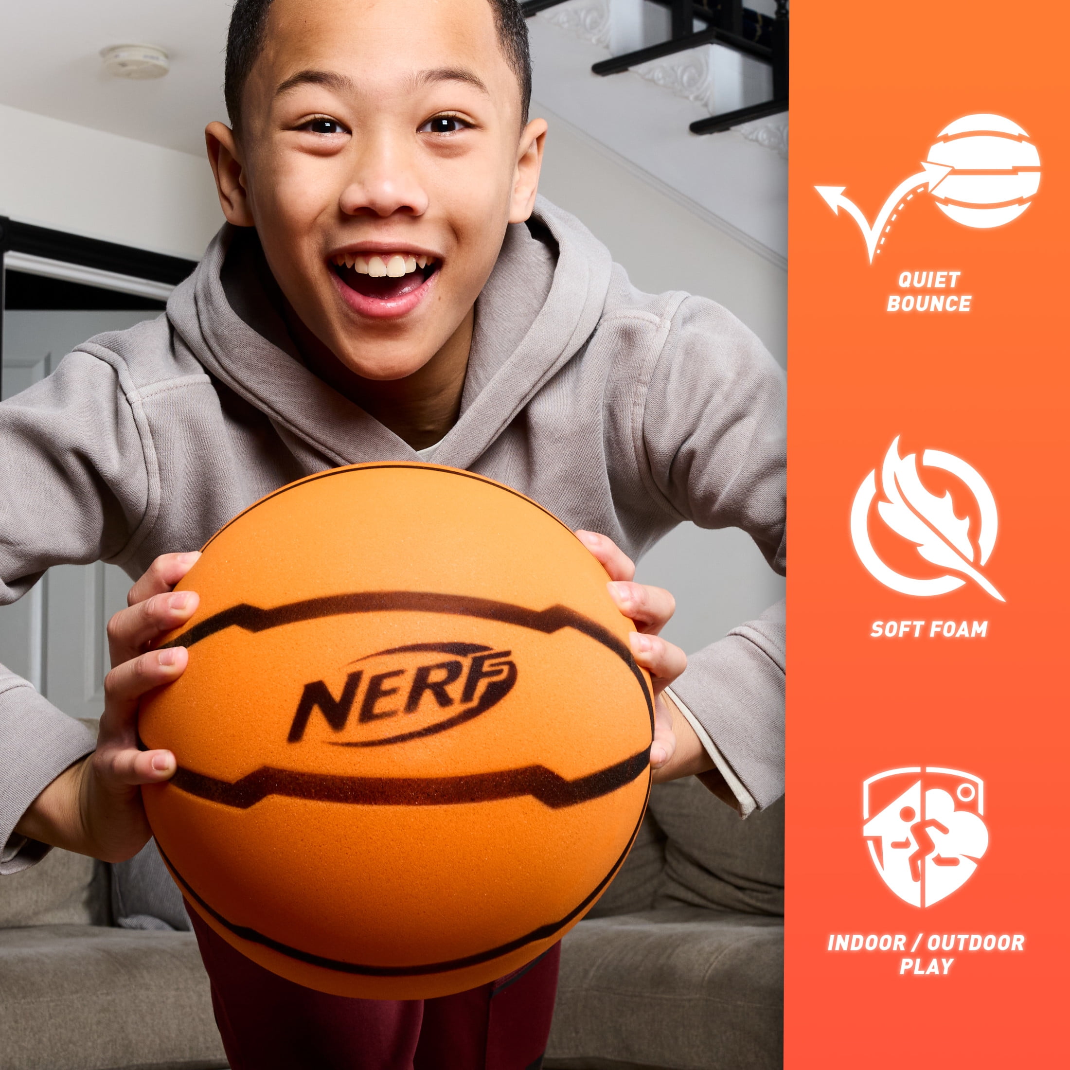 NERF Quietcourt Silent Foam Basketball - Official Size Quiet Ball for Indoor Dribbling Practice + Drills - 29.5" Inch Kids + Youth Basketball - Never Goes Flat Foam Construction