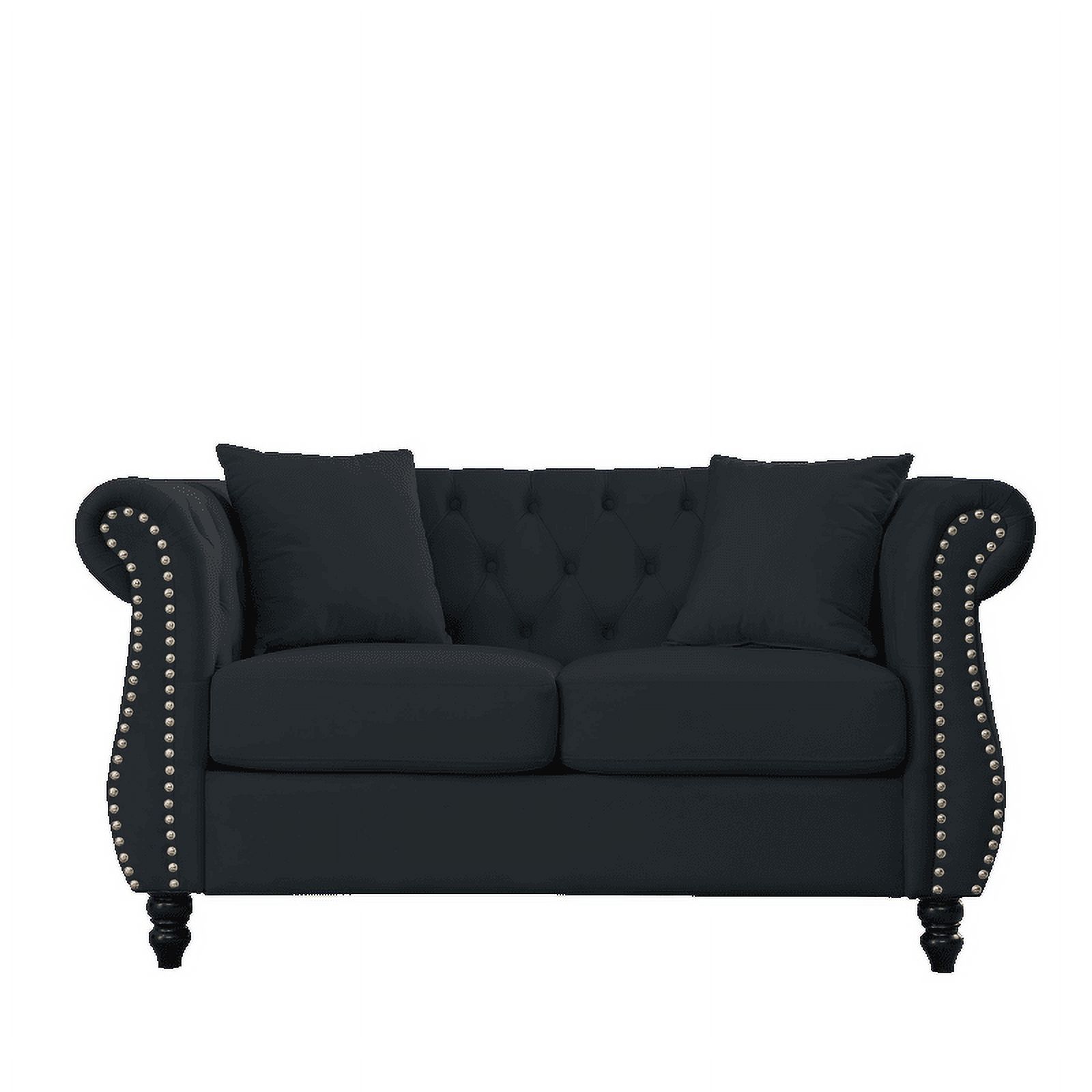 59" Loveseat Velvet Sofa, Chesterfield Tufted Sofa for Living Room, 2-Seater Sofa with Two Pillows,Rolled Arms and Nailhead, Couch for Living Room, Bedroom, Black