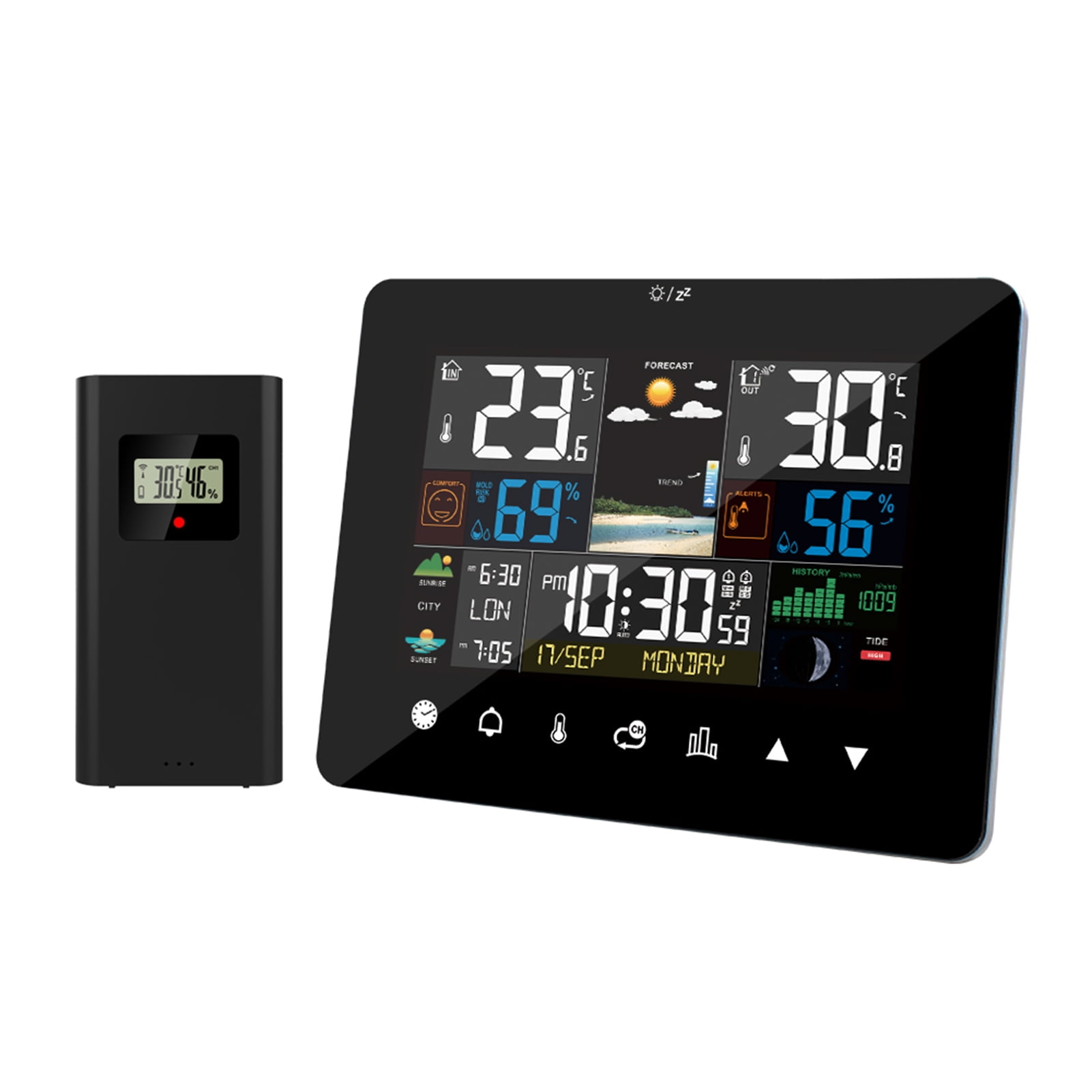 Sunrise and Sunset Weather Station Multi-function Alarm Hygrometer Touch Screen Operation with Wireless Outdoor Sensor, Men's, Size: Large, Black