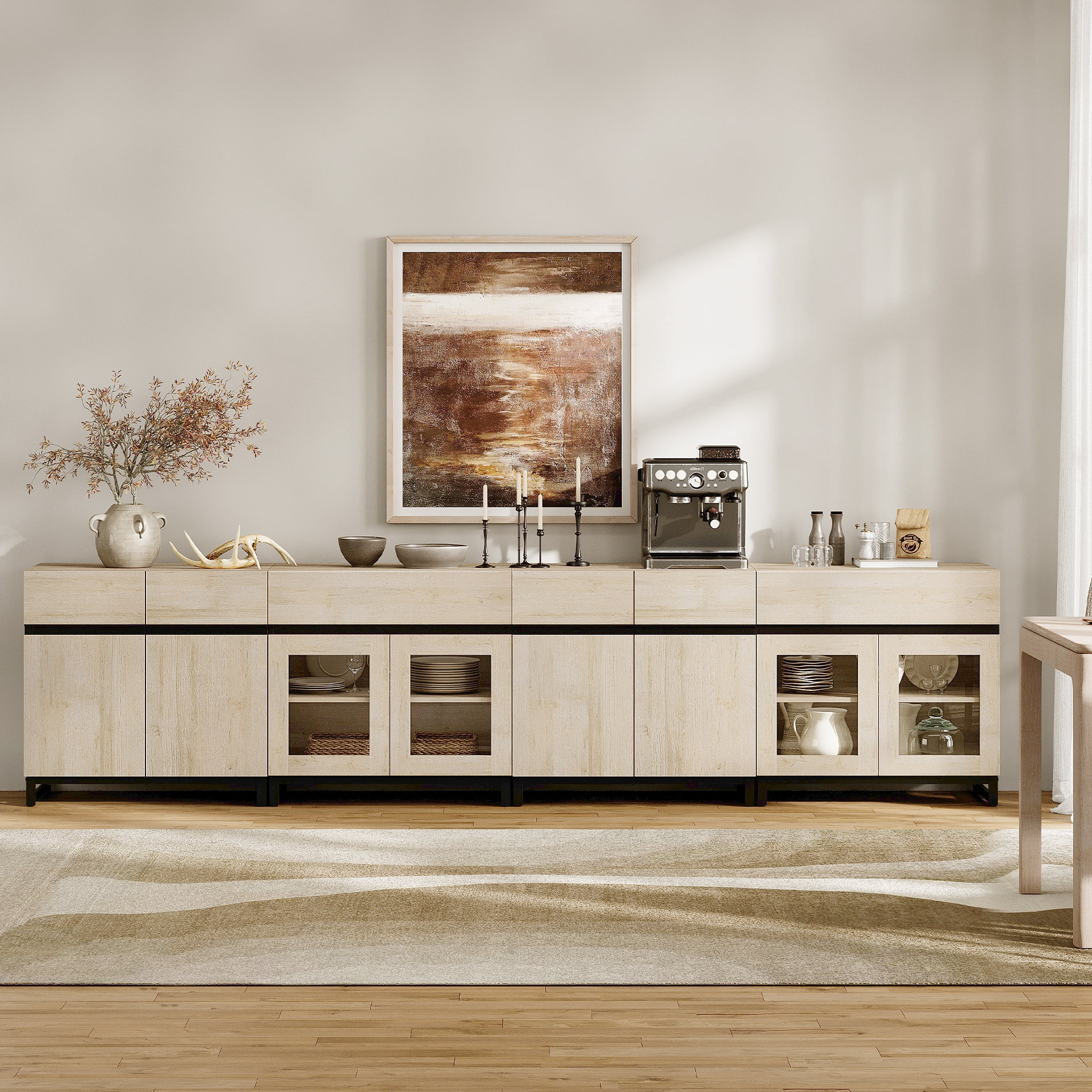 4 In 1 Sideboard Buffet Cabinets With Glass Doors And 2 Drawers, Modern Sideboard Credenza With Adjustable Shelf And Metal Base, Coffee Bar Cabinet Storage Cabinet