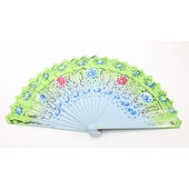 Blue Green Double Sided Wooden Spanish Floral Print Hand Folding Fan Party Gift EHD