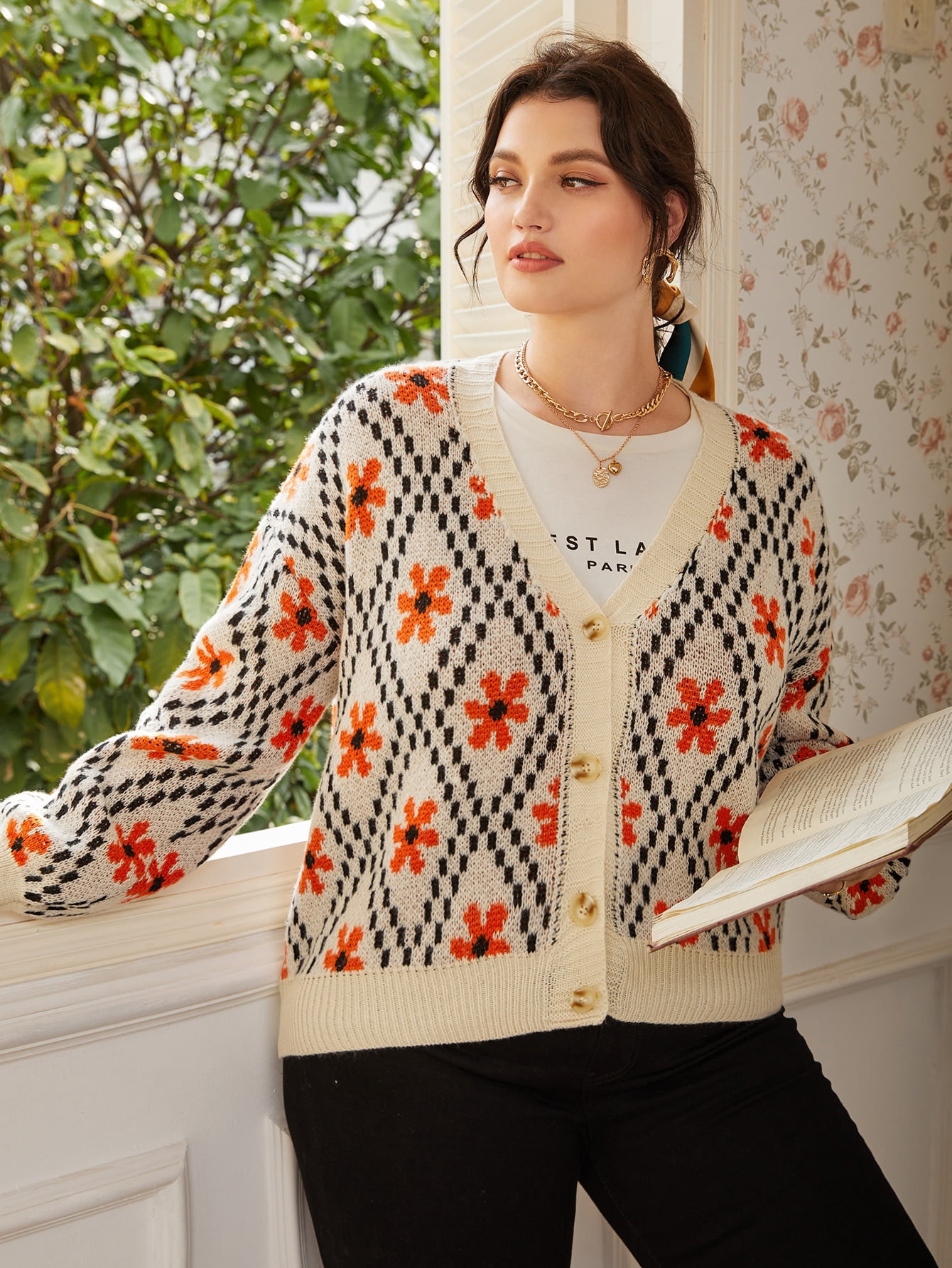 Women's Plus Floral Argyle Pattern Drop 