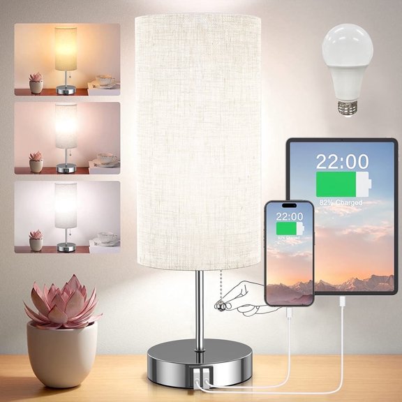 Table Lamp with 2 USB Charging Ports and Fabric Linen Lampshade Silver Base for Living Room, Dorm, Home Office