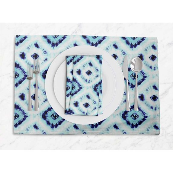 S4Sassy Blue Diamond Tie-Dye Everyday Washable Placemats With Napkins Dining Table Decor