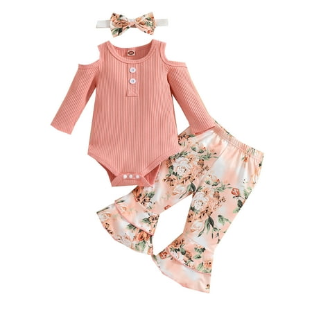 

Sunisery 3Pcs Kids Baby Girls Clothes Sets O-Neck Long Sleeve Off Shoulder Romper+ Flower Print Trousers+ Headband Pink 6-12 Months