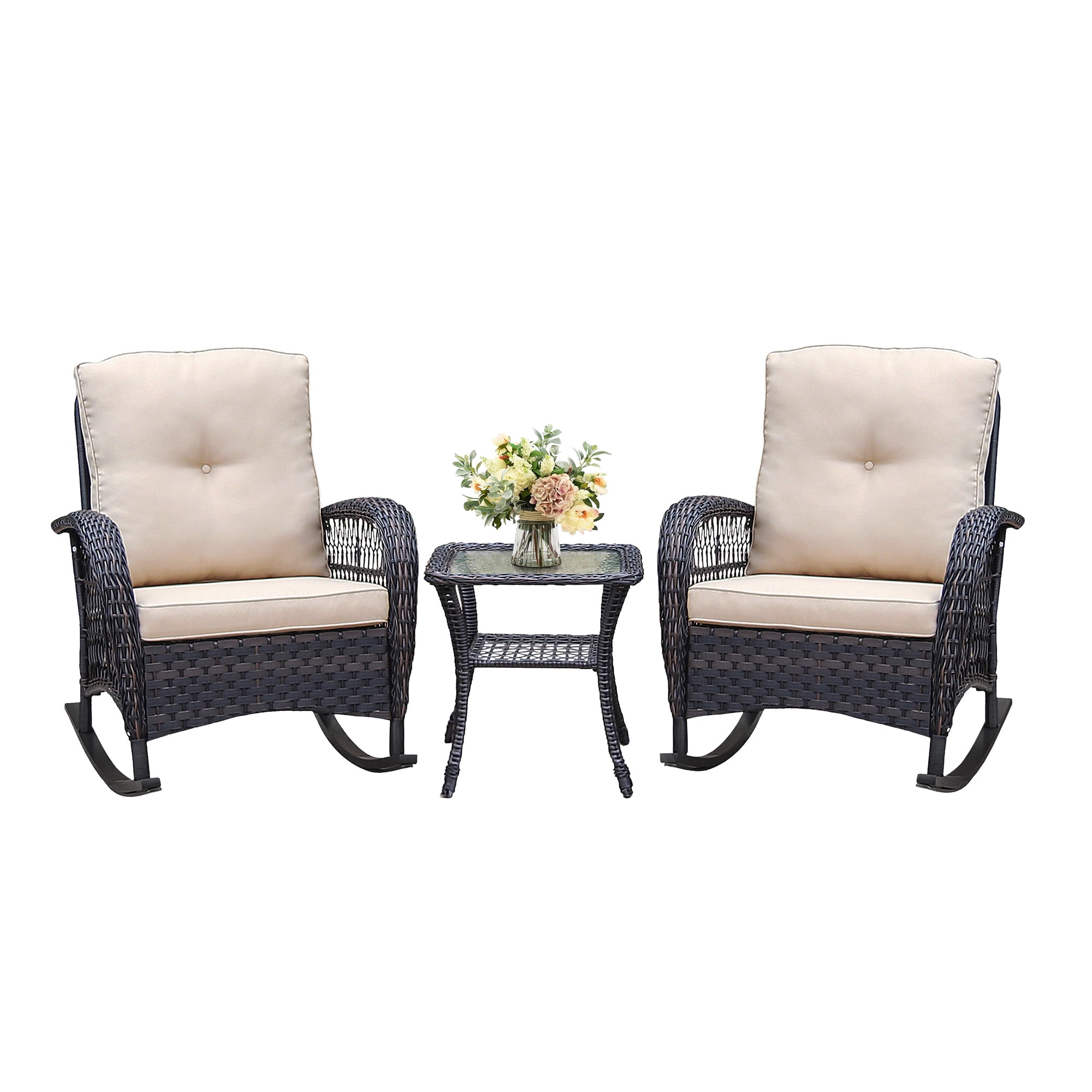 Aimee Lii 3 Pieces Conversation Set, Outdoor Wicker Rocker Patio Bistro Set, Pool Deck Furniture Set with Rocking Chair and Glass Top Side Table Aimee Lii 3 Pieces Conversation Set, Outdoor Wicker Rocker Patio Bistro Set, Pool Deck Furniture Set with Rocking Chair and Glass Top Side Table