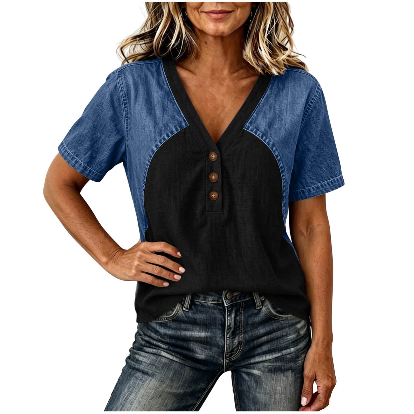 ITSAME Womens V-Neck Tops Denim Patchwork Short Sleeve Shirts