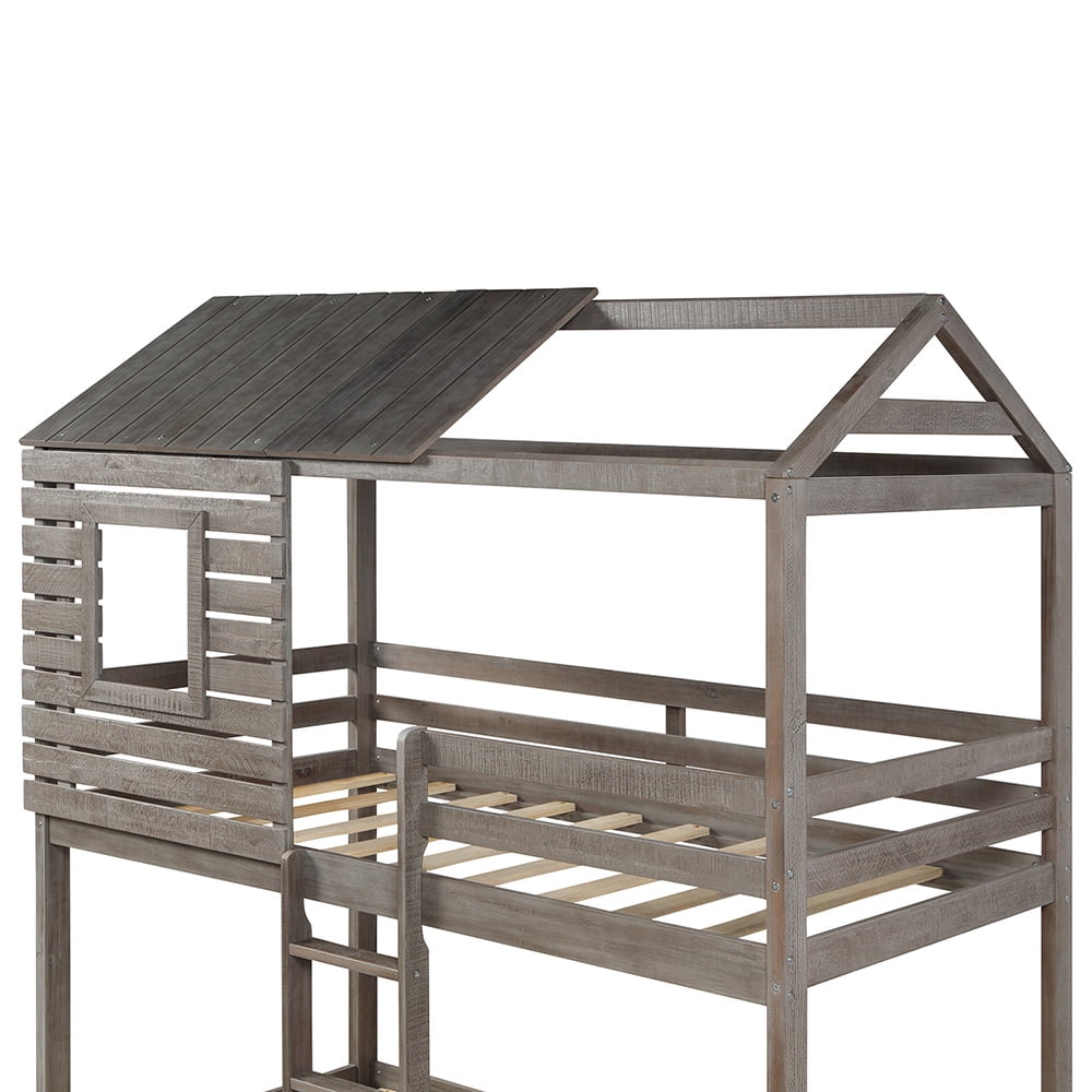 Kepooman Twin Over Twin Wood Bunk Bed with Roof & Window & Guardrail & Ladder for Kids, 77.8"L x 41"W x 83.1"H, Antique Gray Kepooman Twin Over Twin Wood Bunk Bed with Roof & Window & Guardrail & Ladder for Kids, 77.8"L x 41"W x 83.1"H, Antique Gray