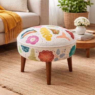 Decorative Upholstered Accent Stool | Handmade Suzani Embroidered Ottoman with Wood Legs for Living Room | 21x18 inches | Foot Stool & Foot Rest for Sofa Couch