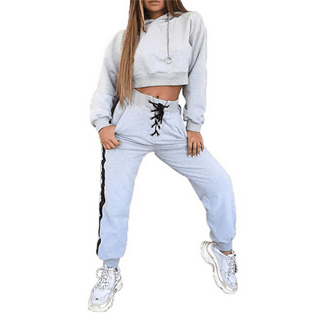 Comfy Hoodie Set - Womens Outfits Tracksuit Set Long Sleeve Crop Top Hoodie Sweatshirt