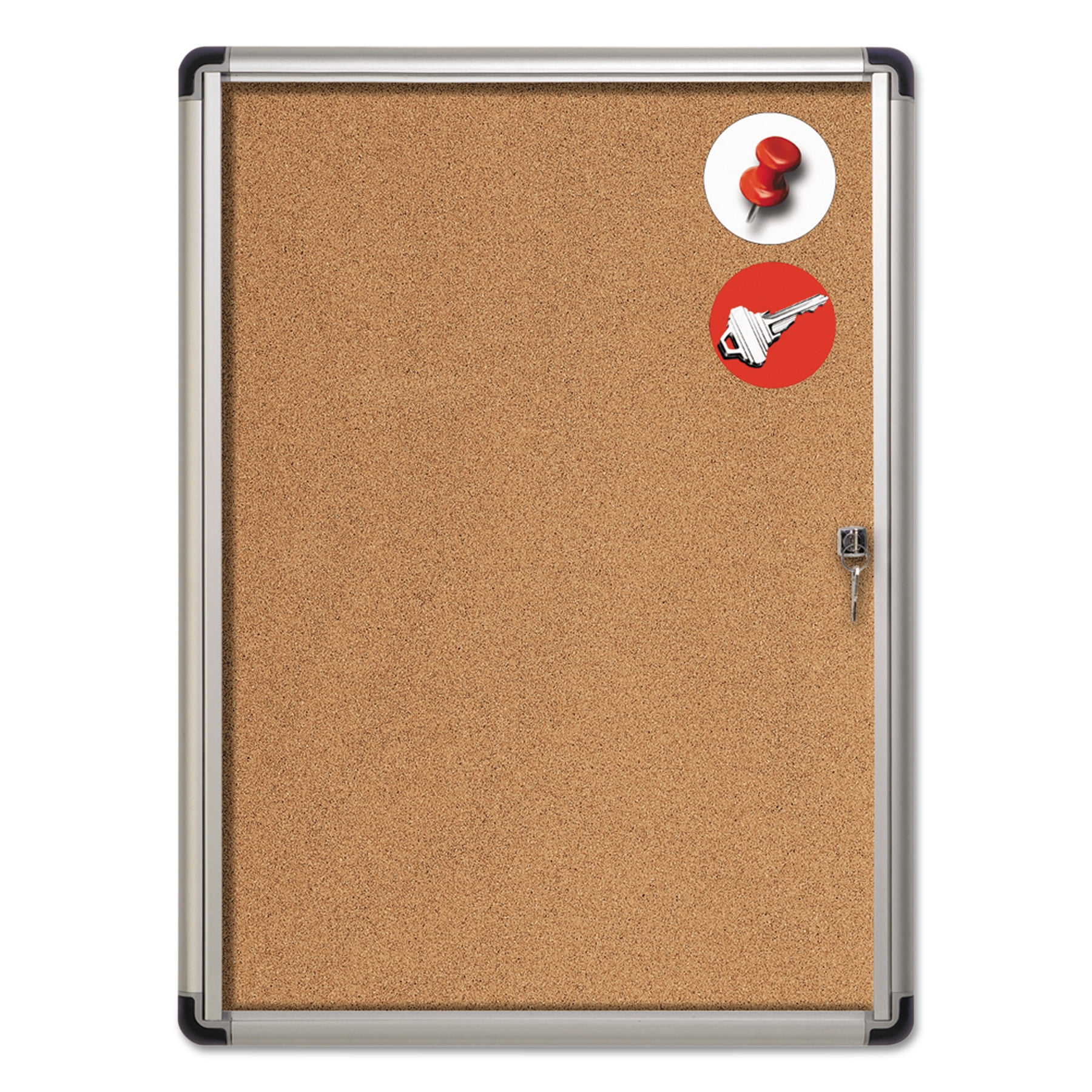 MasterVision VT630101690 28 in. x 38 in. Slim-Line Enclosed Cork Bulletin Board with One Door - Tan Surface/Satin Aluminum Frame
