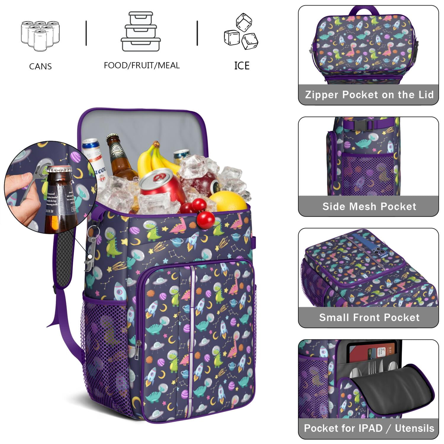 Travel Cooler Bag - DarkBlue Cartoon Dinosaurs Space Rockets Pattern Camping Beer Cooler Backpack with Bottle Opener- Waterproof Insulated Picnic Backpacks - Cooler Bag for Beach