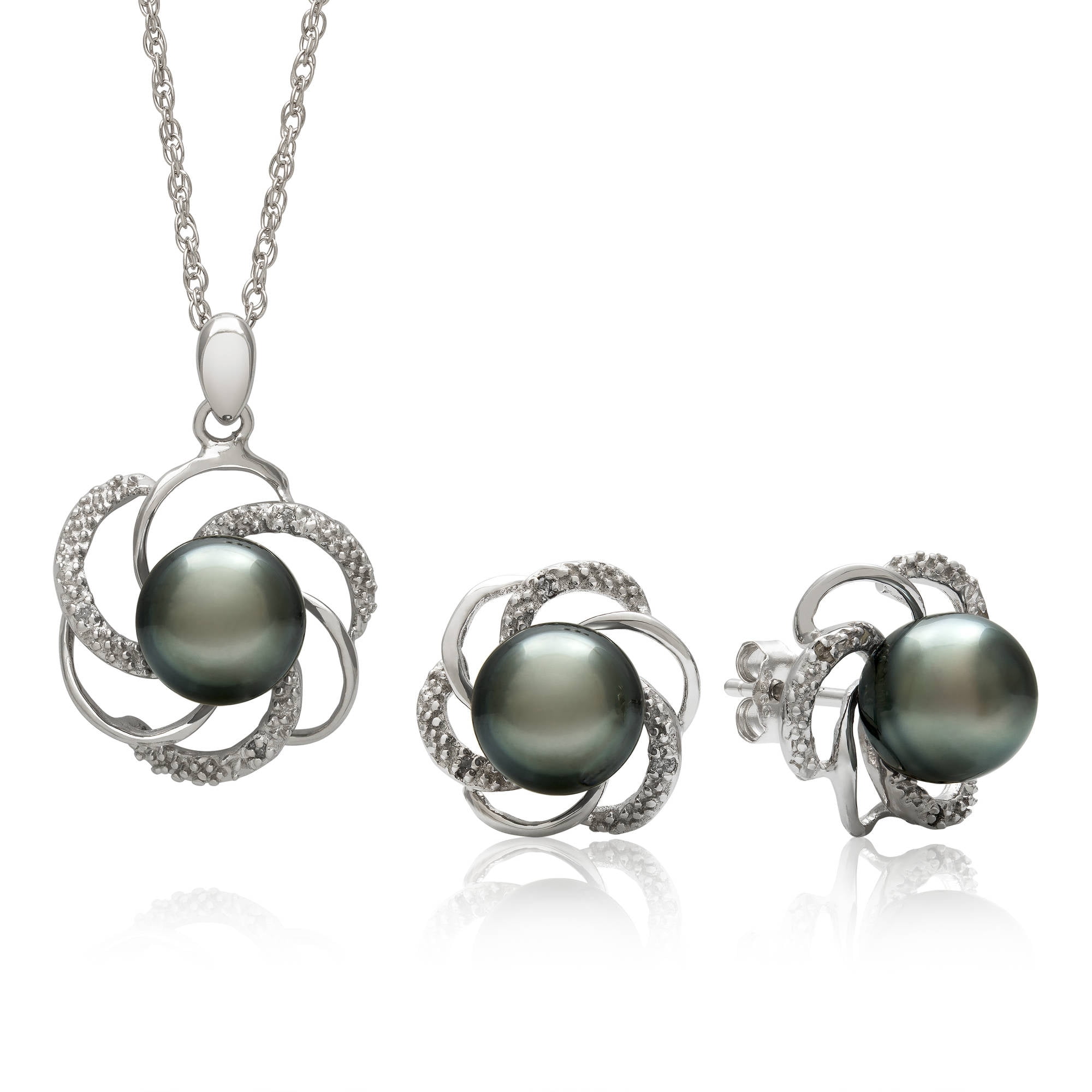8-9mm 3 4-Cut Tahitian Black Pearl and Diamond Accent Sterling Silver Pendant and Earring Set, 18" by China Pearl