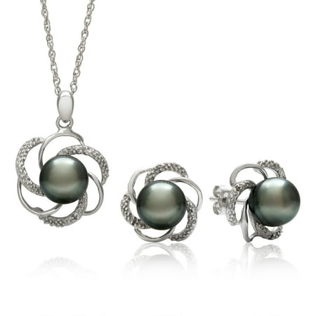 8-9mm 3/4-Cut Tahitian Black Pearl and Diamond Accent Sterling Silver Pendant and Earring Set, 18