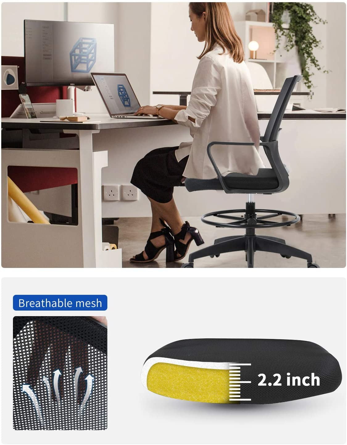 BestOffice Tall Drafting Office Chair, Lumbar Support, Adjustable Arms, Swivel Rolling for Adults(Black)