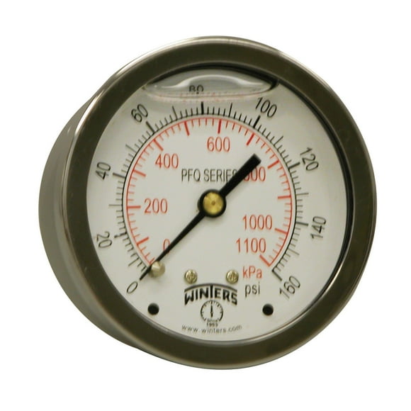 Winters 2-1/2" Dial Size, Liquid Filled Industrial Pressure Gauge, Brass Internals, 304 Stainless Steel Case, Dual Scale 0-160 psi/kPa, 1.5% Acc, 1/4" NPT Back Mount, Glycerin Filled Pressure Gauge