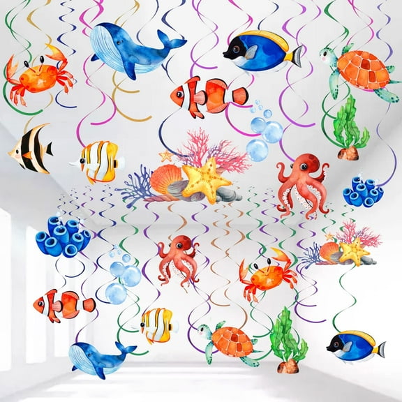 54 Pcs Under The Sea Party Decorations Ceiling Hanging Swirls Ocean Party Decorations Sea Animals Fish Themed Party Supplies Baby Shower Mermaid Birthday Beach Party Favor for Boys Girls