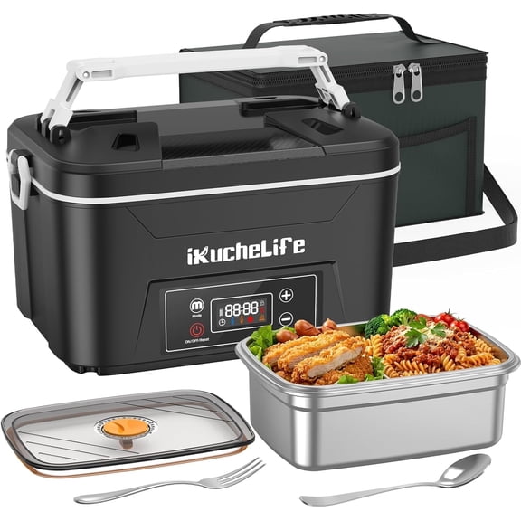 30000mAh Rechargeable Heated Lunch Box – 1.2L Stainless Steel Electric Food Warmer, Smart Heating Portable Lunchbox with Container for Office, Camping, Travel & Work