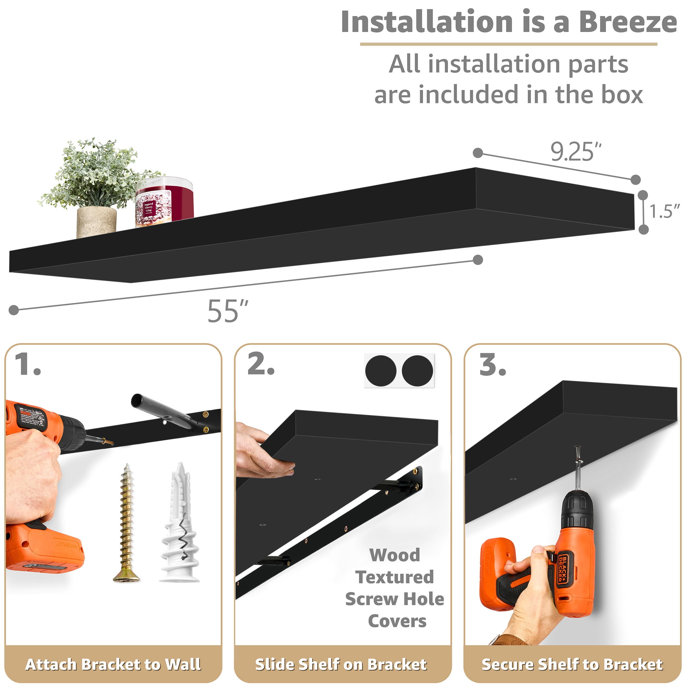 Sorbus 55" Floating Wall Shelf, Black, Invisible Brackets, Bathroom, Bedroom & Home Decor