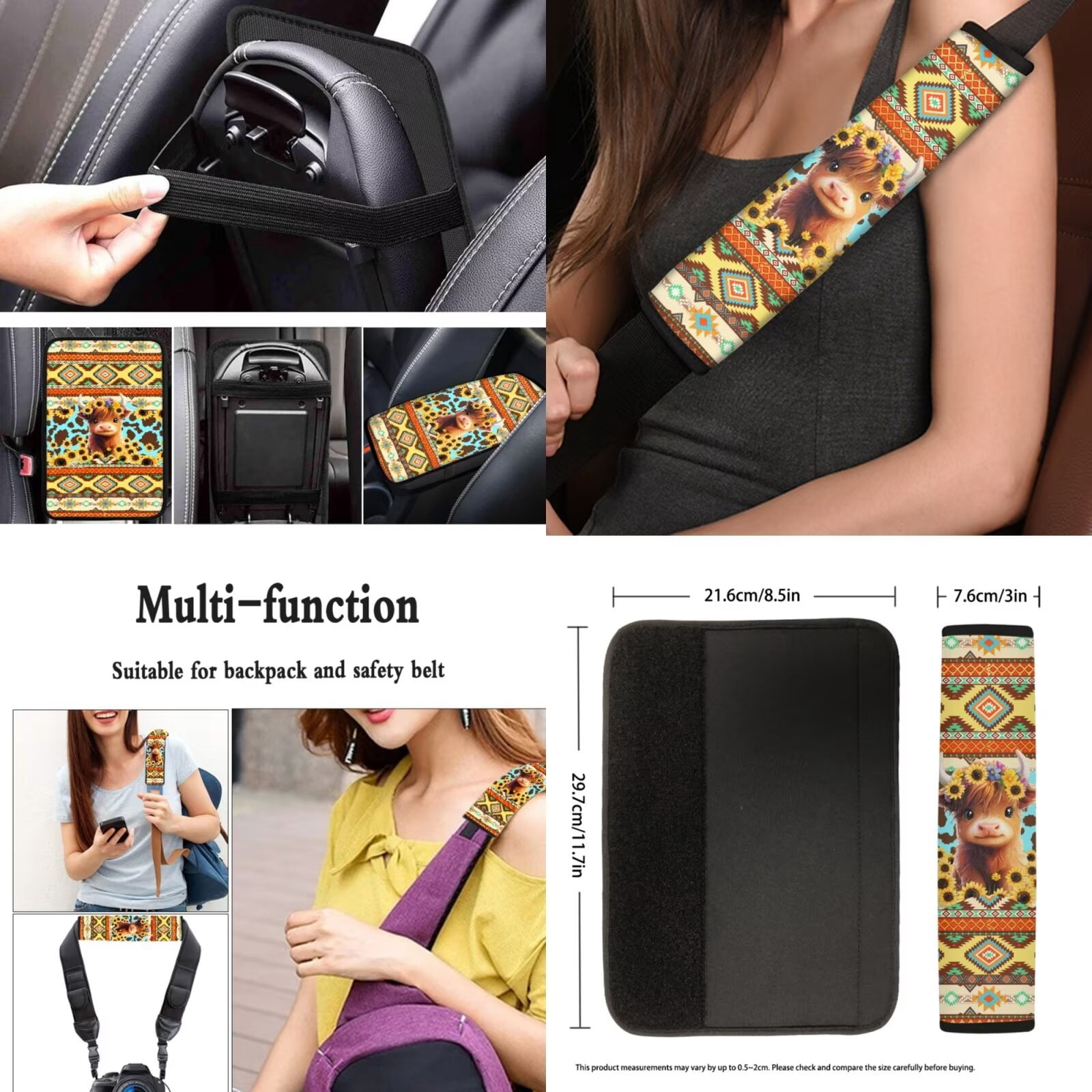 Garronmavis 13 Pieces Seat Cover Set Includes Seat Belt Cover Steering Wheel Cover Car Armrest Pad Coaster Keychain Lipstick Cover Car Cover for Women Aztec Highland Cows