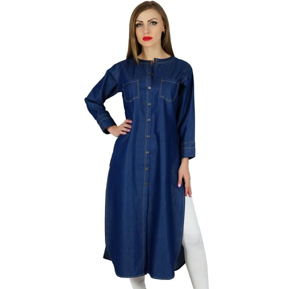 Bimba Women Button Down Denim Blue Kurta Kurti Long Sleeves Casual Tunic Blouse