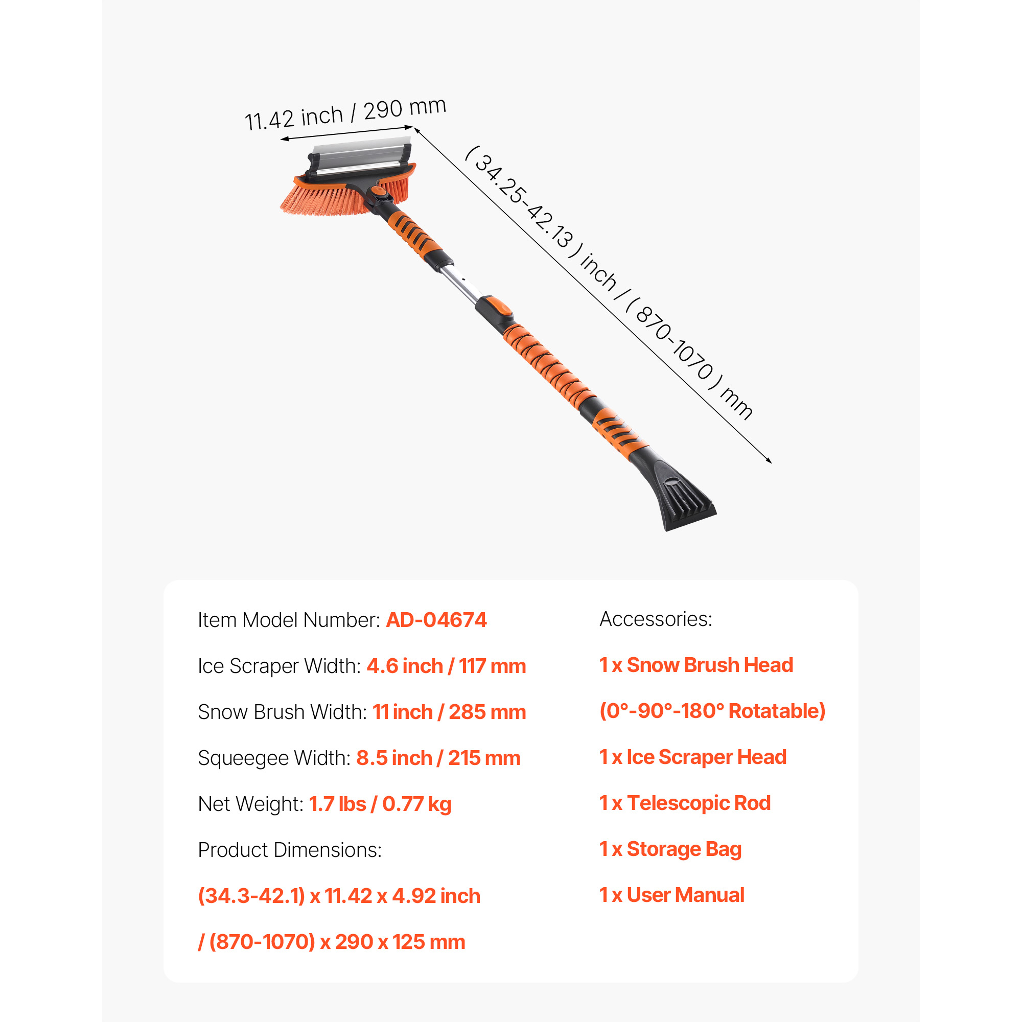 KFFKFF 3-in-1 Car Snow Brush with Ice Scraper, Squeegee, and Adjustable 180° Brush Head, Extendable Aluminum Handle (34.3"-42.1") with Foam Grip for Windshield, Windows, RVs, Trucks, and SUVs