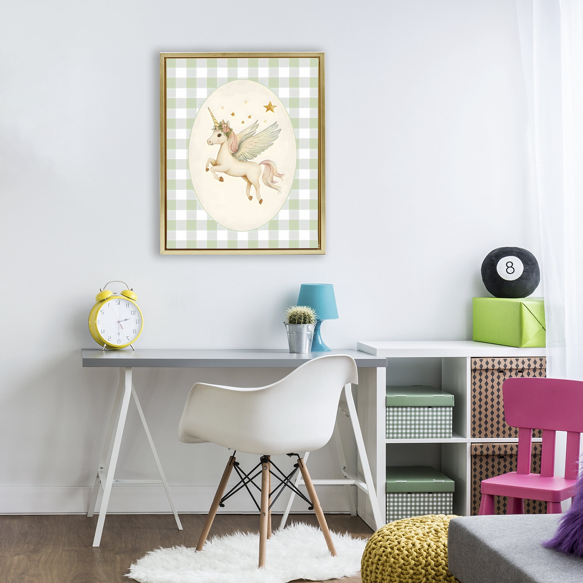Stupell Industries Winged Unicorn over Green Gingham Gold Framed Floater Canvas Wall Art, design by Arlington Prints