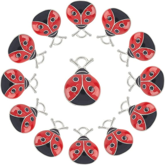 30Pcs Enamel Ladybug Charm Tiny Beetle Charms Red Black Insect Small Animals Alloy Silver for Jewelry Making