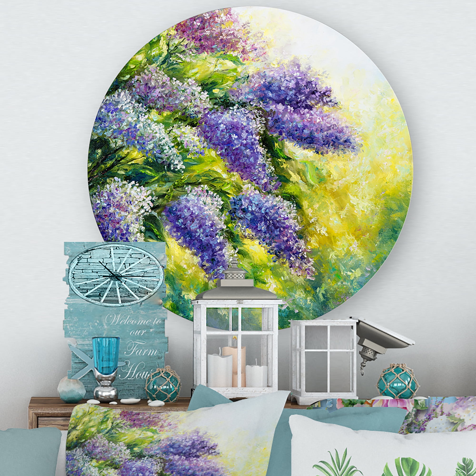 Designart 'Impressionism Lilac Tree In The Garden' Traditional Circle Metal Wall Art 11x11 - Disc of 11