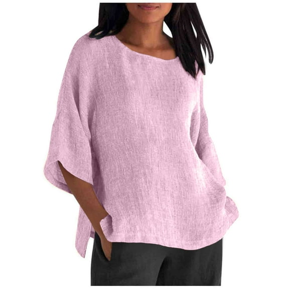 Summer Tops for Women Cotton Lien Shirts 3/4 Sleeve  Neck Tunic Casual Loose Blouse Beach Vacation Tees (Pink)