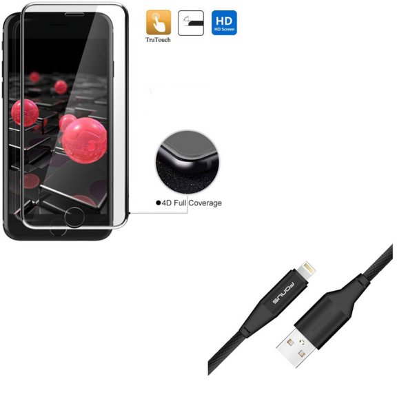 iPhone 7/8 PLUS Screen Protector w 10ft USB Cable - Tempered Glass 4D Touch Curved Edge Full Cover, Charger Cord Power Wire Braided for iPhone 8 PLUS/7 Plus