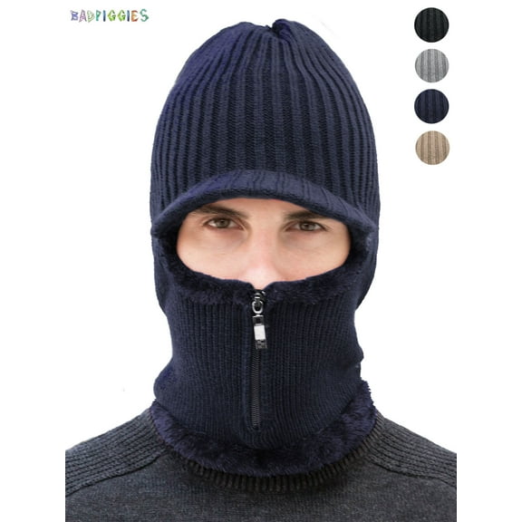 BadPiggies Men's Winter Warm Knitted Scarf Cap Snow Ski Mask Neck Hat Face Cover Fleece Lined Beanie with Zipper, Navy Blue