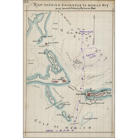 24"x36" Gallery Poster, Map of union fleet Mobile Bay entrance alabama