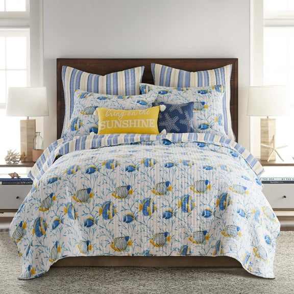 Levtex Home - Tropical Sea Quilt Set - Full/Queen Quilt and Two Standard Shams - Tropical Fish in Blue and Yellow - Quilt (88x92in.) and Shams (20x26in.) - Reversible - Cotton/Cotton