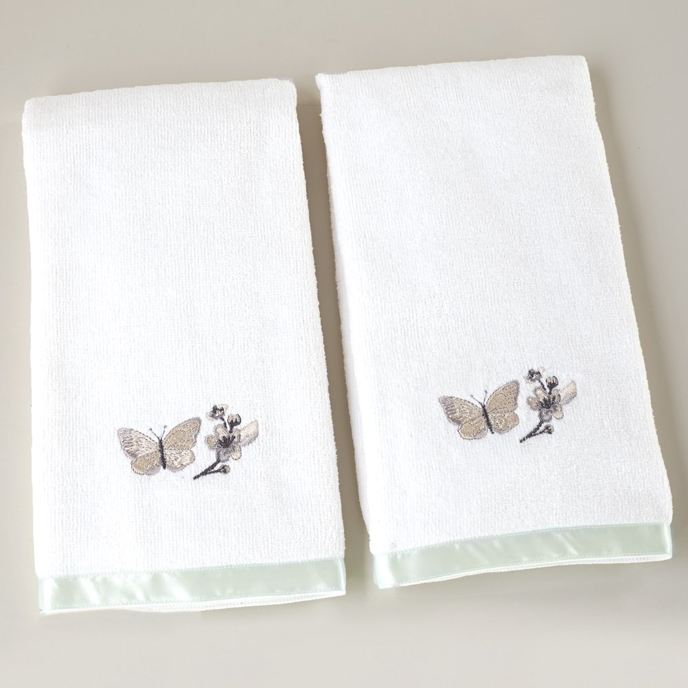 Set of 2 Bathroom Hand Towels Grey and White Cherry Blossom Flower