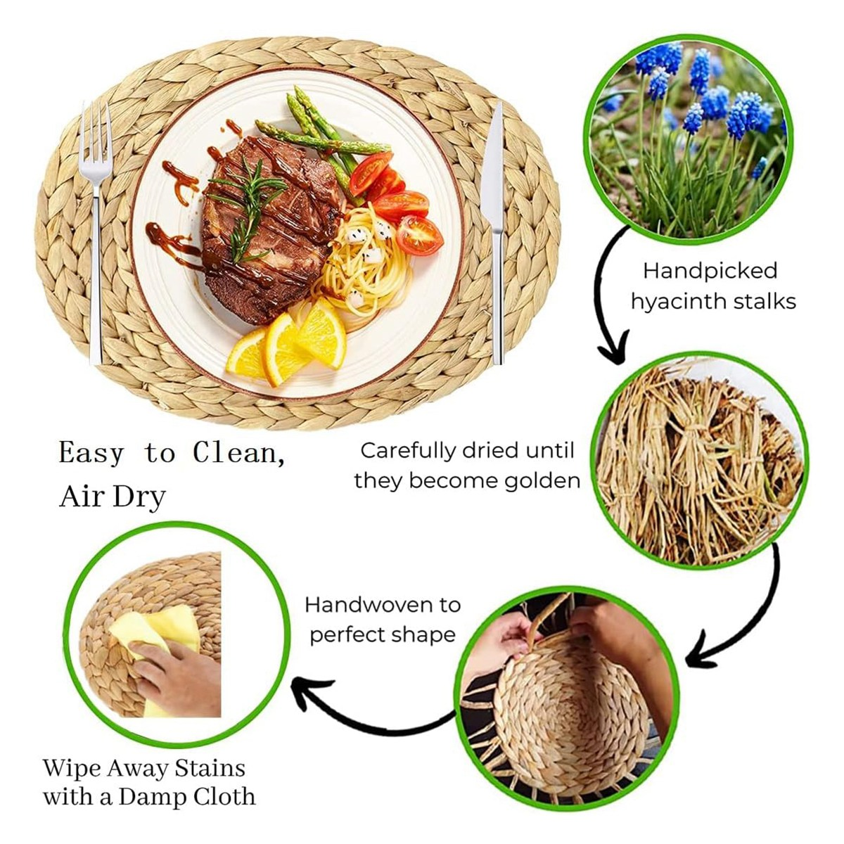 Oval Woven Placemats, Natural Water Hyacinth Placemats , Straw Braided Rattan Placemats, 12X16 Inches 4Pack,4 x Placemats,Brown