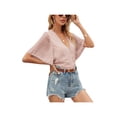 thumbnail image 4 of Seyurigaoka Women Summer Jacquard T-shirt, Casual Striped Short Sleeve V-Neck Lace Trim Pullover, 4 of 6