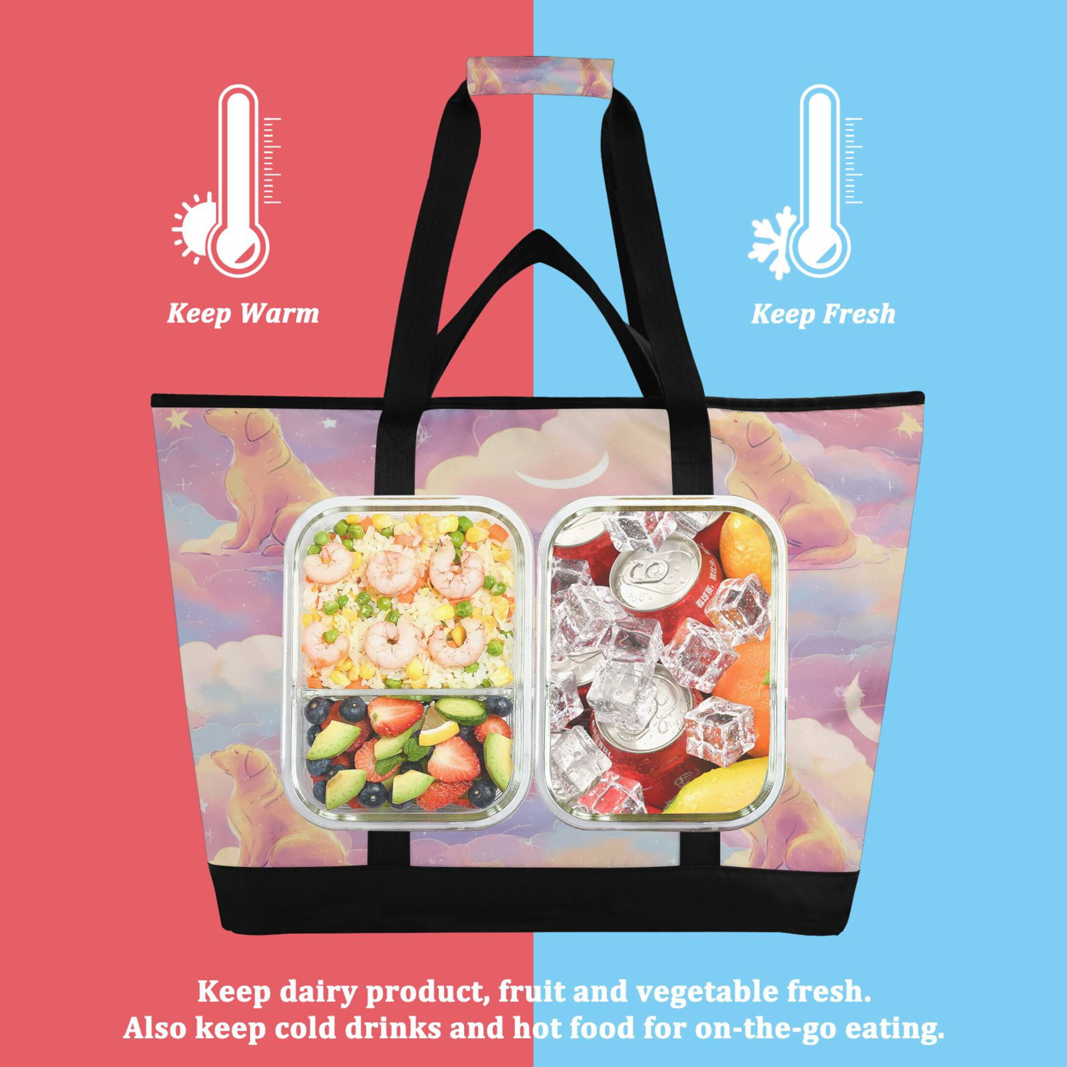 Large Hand-held Ice Pack Picnic Bag Insulation and Refrigeration Suitable for Shopping Picnics and Camping Pink Dog