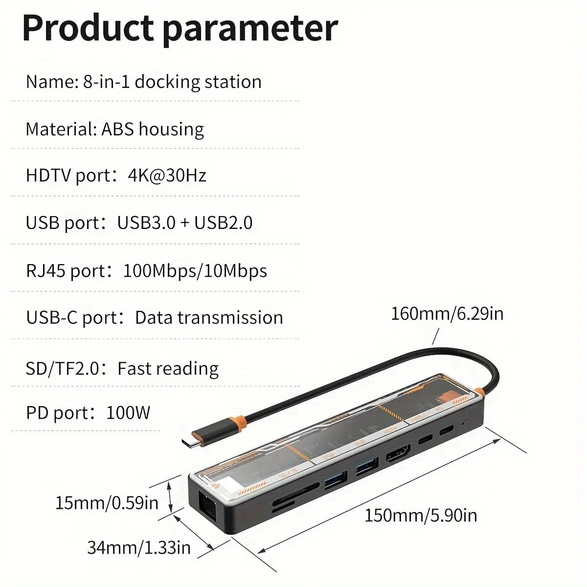 8 In1 Transparent USB-C Docking Station Adapter with HDTV, USB3.0, PD Charging, SD/TF2.0, 100M Ports ,Fast Charging Devices