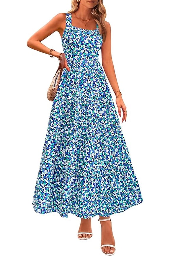 Women's Summer Floral Maxi Dress Sleeveless Smocked Ruffle Long Flowy Beach Vacation Boho Sundresses