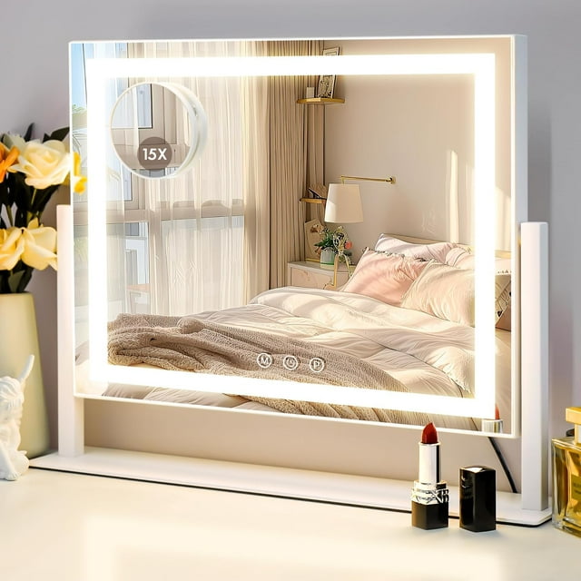 Makeup Mirror with Lights \u HD Vanity Mirror with Color Modes Touch Sensor Rotatable Metal Frame Detachable .X Magnifying Mirror . \u Ready
