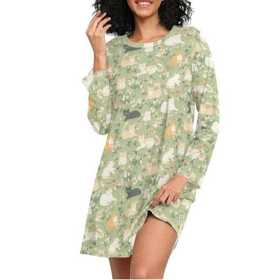 joogoo Cat Flowers Women's Long Sleeve Nightgown Sleepwear L