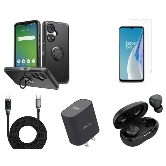 Accessories Bundle for OnePlus Nord N30 5G - Protective Stand Holder Phone Case (Black) with Screen Protectors, Wireless Earbuds, UL Listed USB-C Wall Charger, Digital USB-C Cable